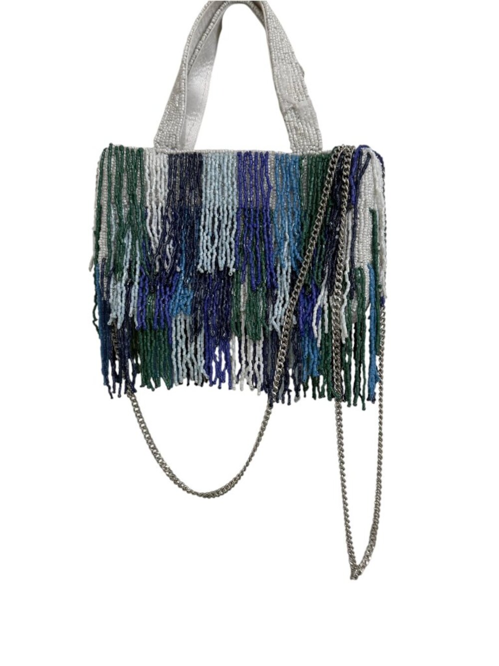 Beaded Fringed Blue White Small Bag w Crossbody Chain Handcrafted in India NWT